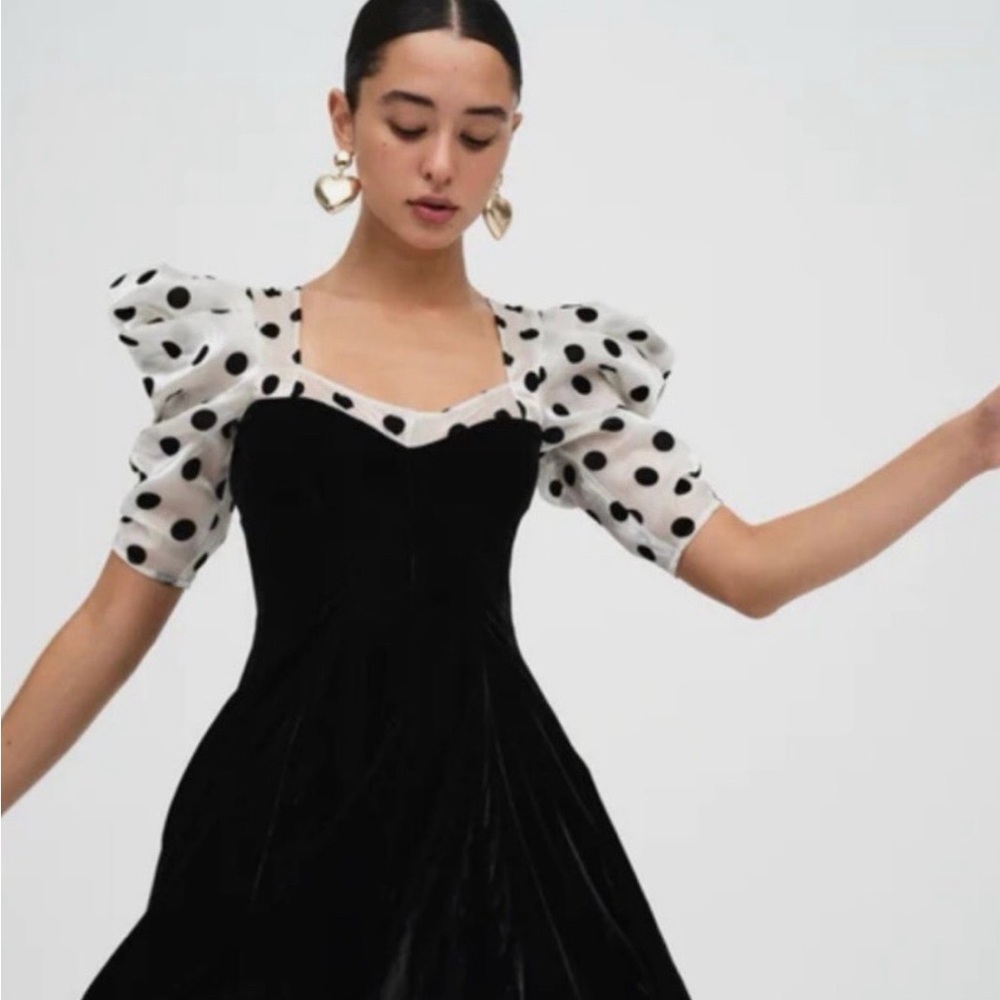 For Love And Lemons Black Dress with White Polka Dot Sleeves
